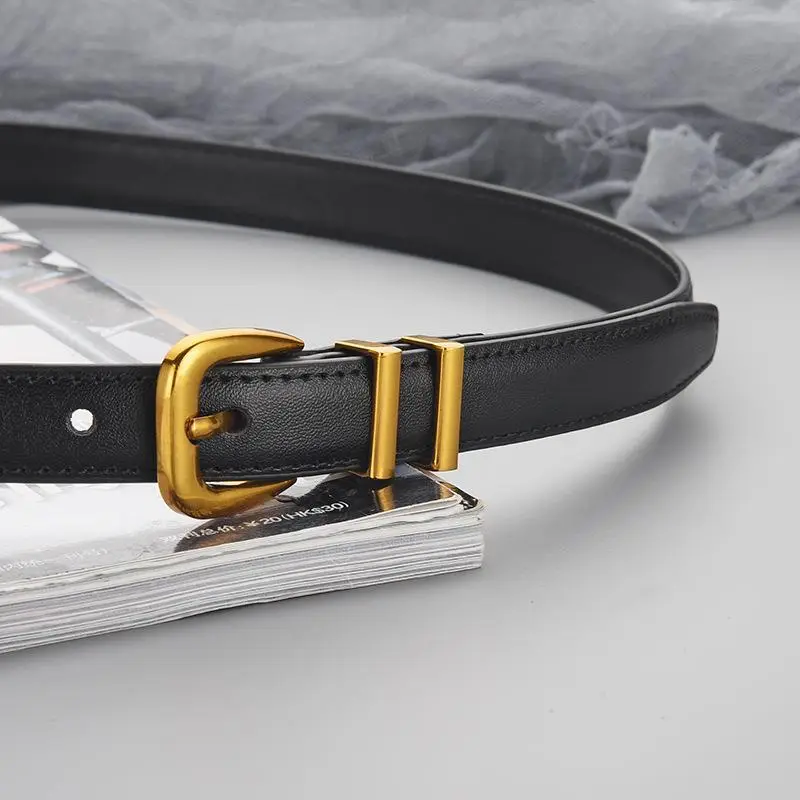 Women's Black Leather Belt with Gold Buckle - Image 7