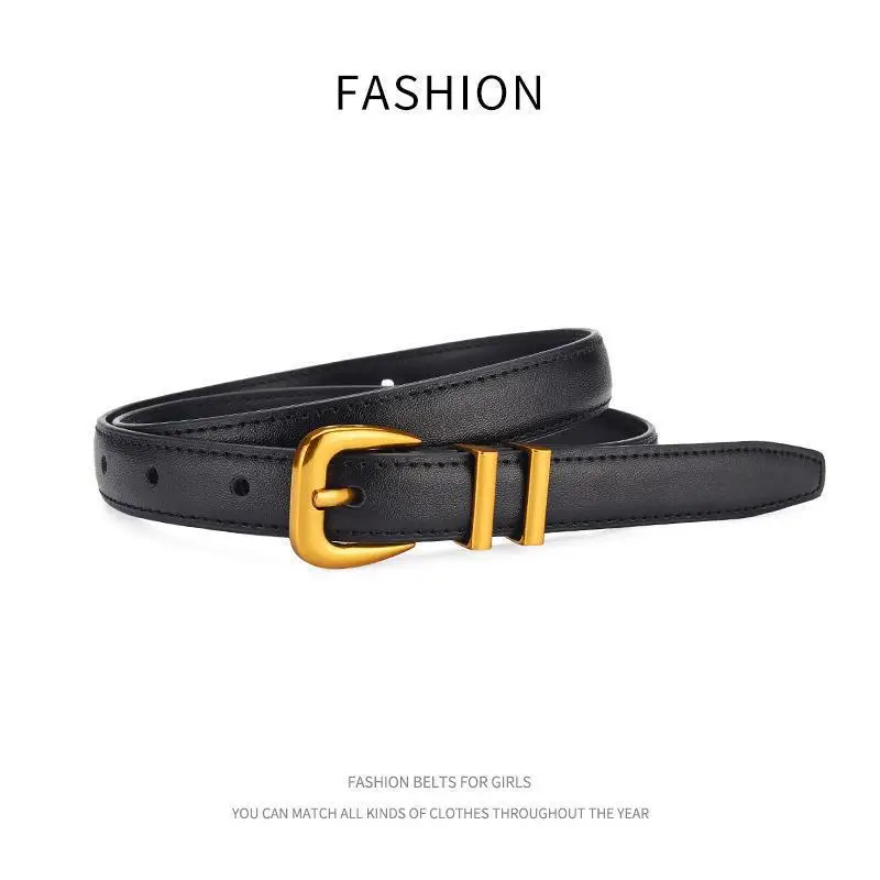 Women's Black Leather Belt with Gold Buckle - Image 9