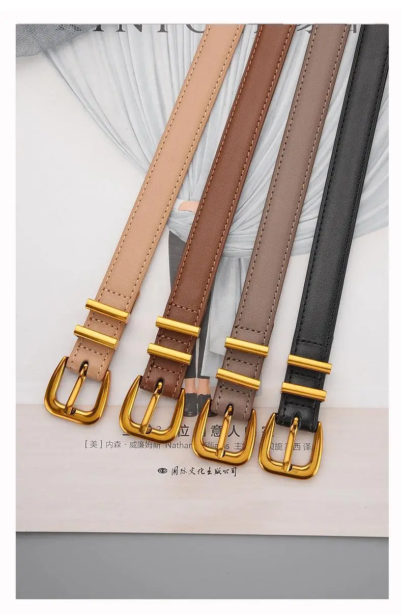 Women's Black Leather Belt with Gold Buckle — feature 15