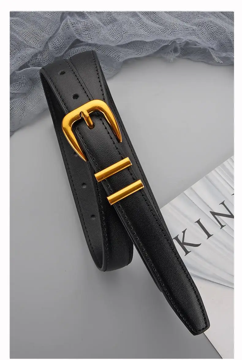 Women's Black Leather Belt with Gold Buckle — feature 19