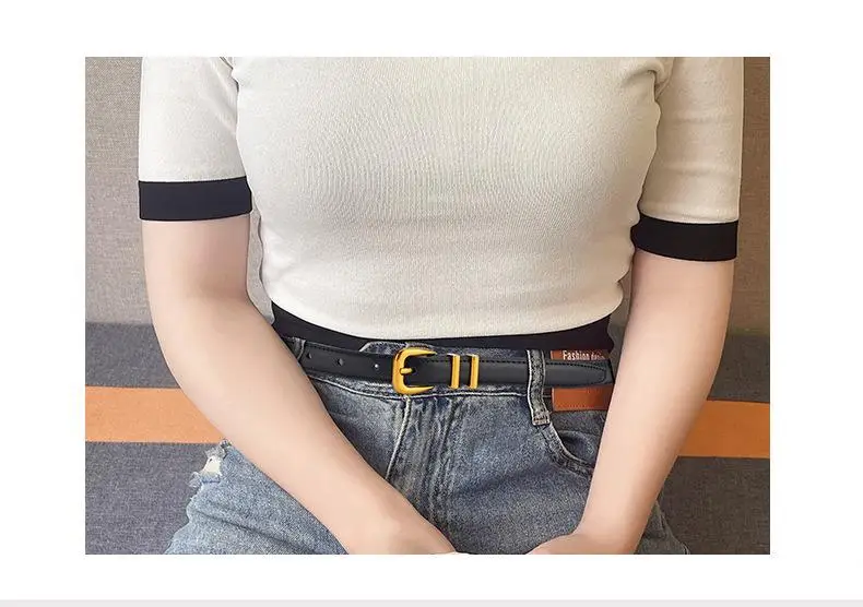Women's Black Leather Belt with Gold Buckle — feature 21