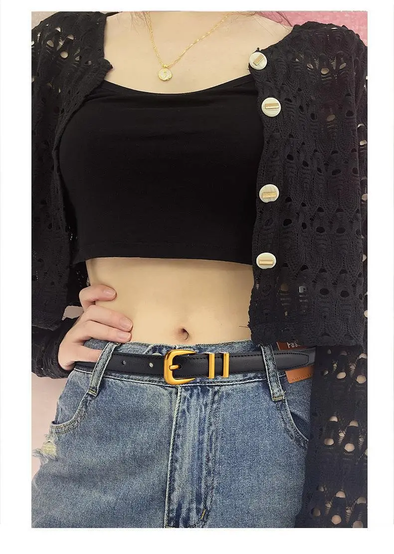 Women's Black Leather Belt with Gold Buckle — feature 4