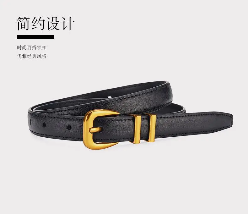 Women's Black Leather Belt with Gold Buckle — feature 5