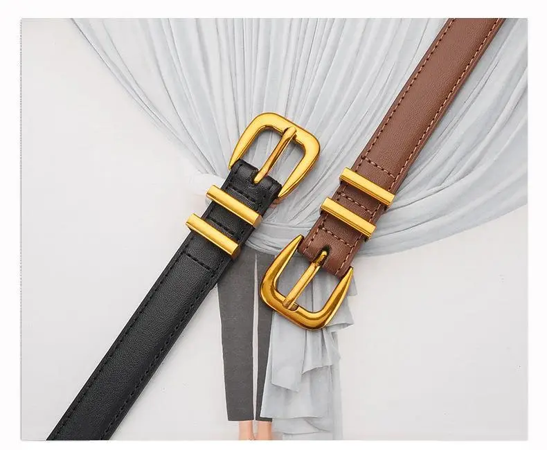 Women's Black Leather Belt with Gold Buckle — feature 6