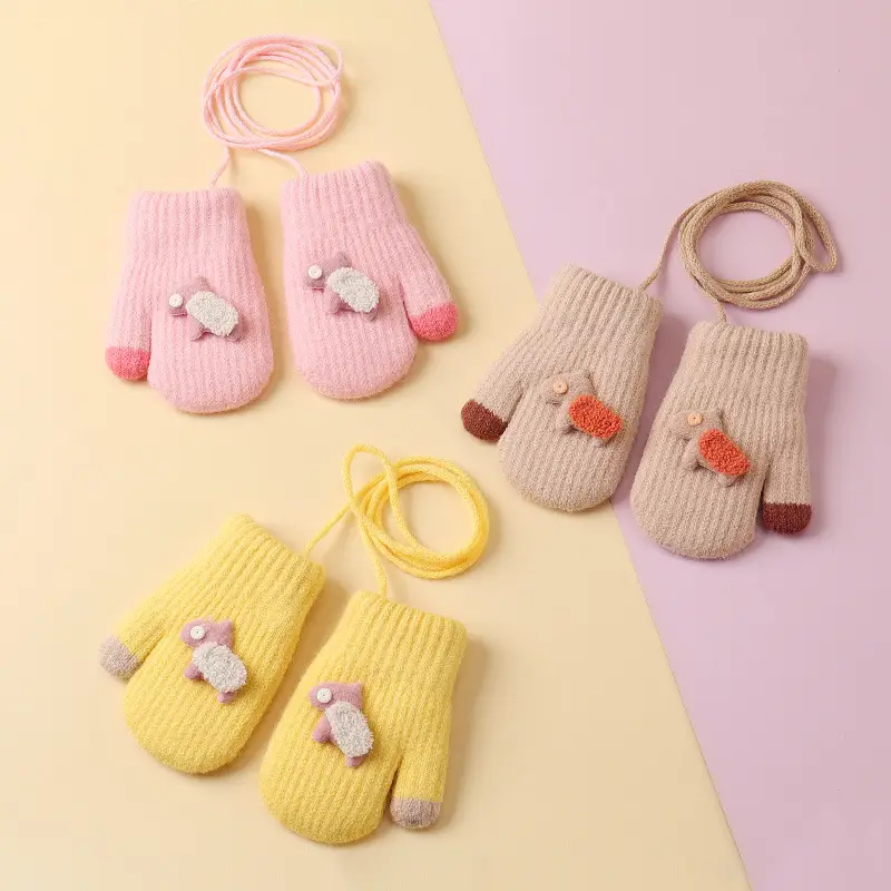 Children's cute cartoon winter gloves girls' baby fleece-lined warm gloves halter finger cold-proof children's gloves
