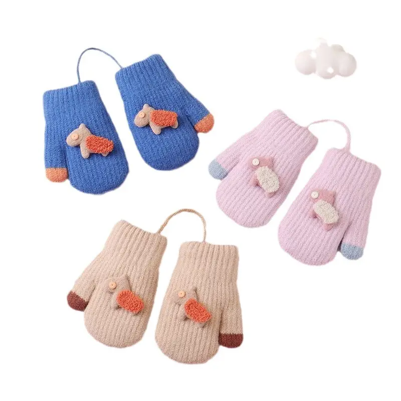 Children's cute cartoon winter gloves girls' baby fleece-lined warm gloves halter finger cold-proof children's gloves