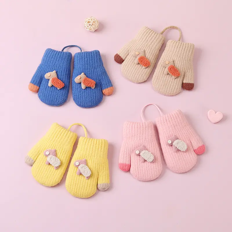 Children's cute cartoon winter gloves girls' baby fleece-lined warm gloves halter finger cold-proof children's gloves — feature 2