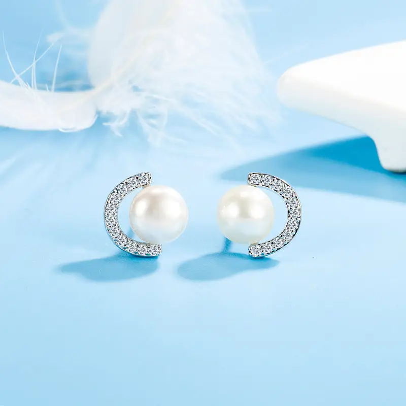Women's C-Word Pearl Earrings with Zircon Accents - Image 4