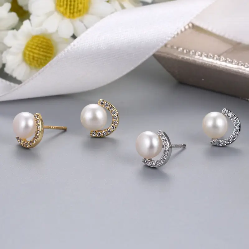 Women's C-Word Pearl Earrings with Zircon Accents — feature 7