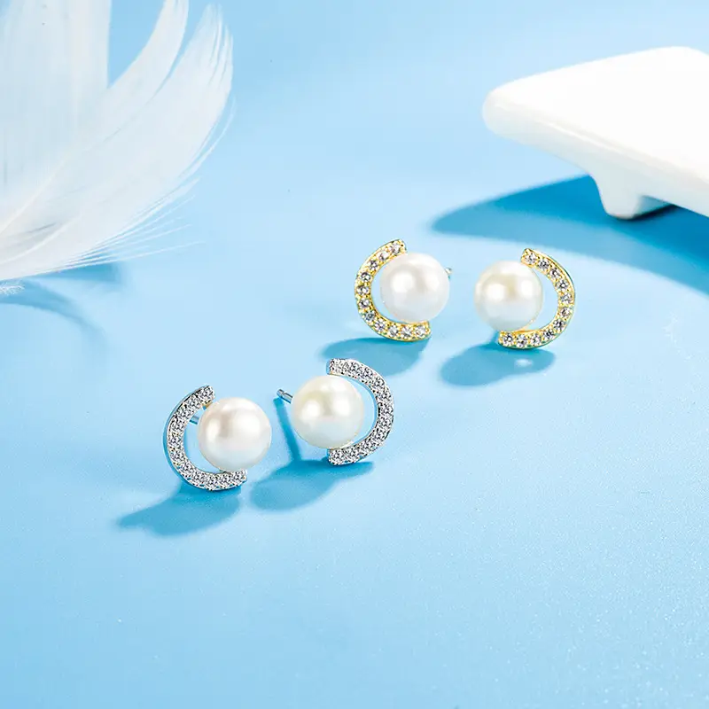 Women's C-Word Pearl Earrings with Zircon Accents — feature 8