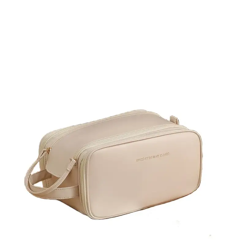 Women's Double Zip Makeup Bag Brown Large Capacity Travel