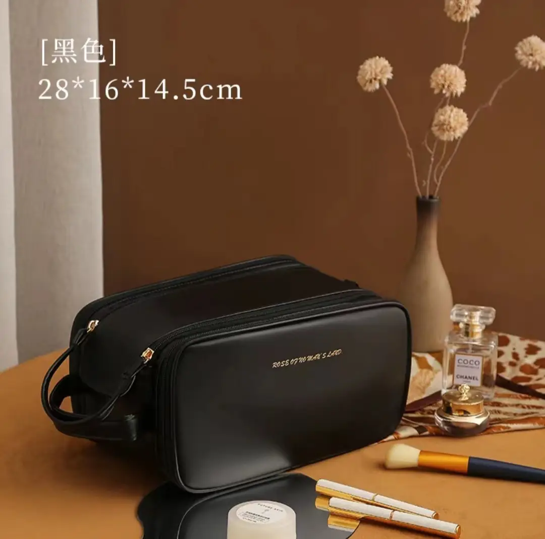 Women's Double Zip Makeup Bag Brown Large Capacity Travel