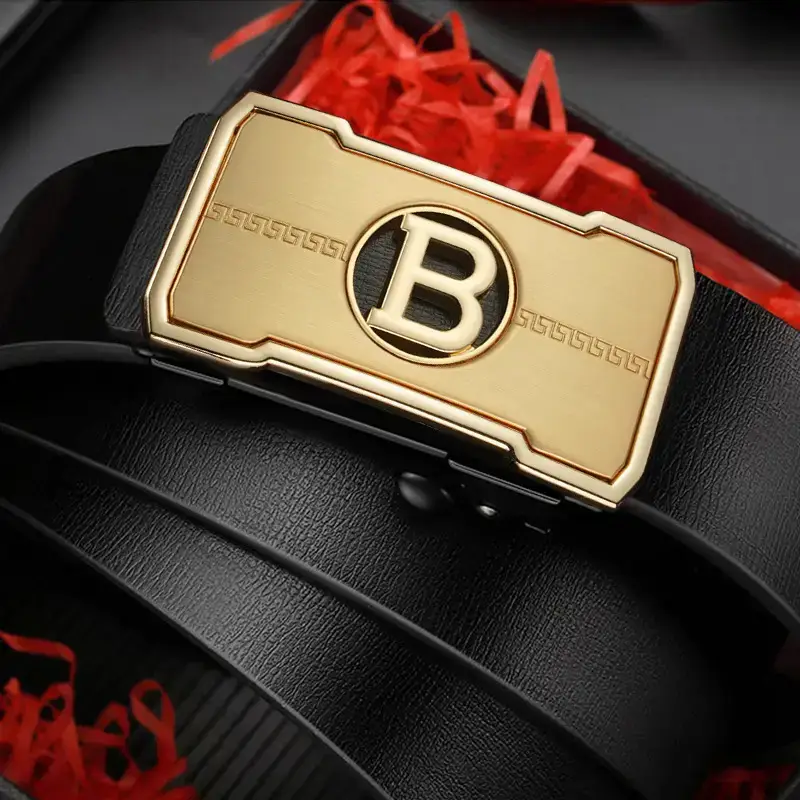 Men's Gold Logo Leather Belt with Automatic Buckle - Image 4