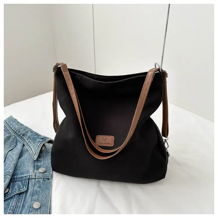 Black Canvas Shoulder Tote Bag for Women 2023 - Image 2