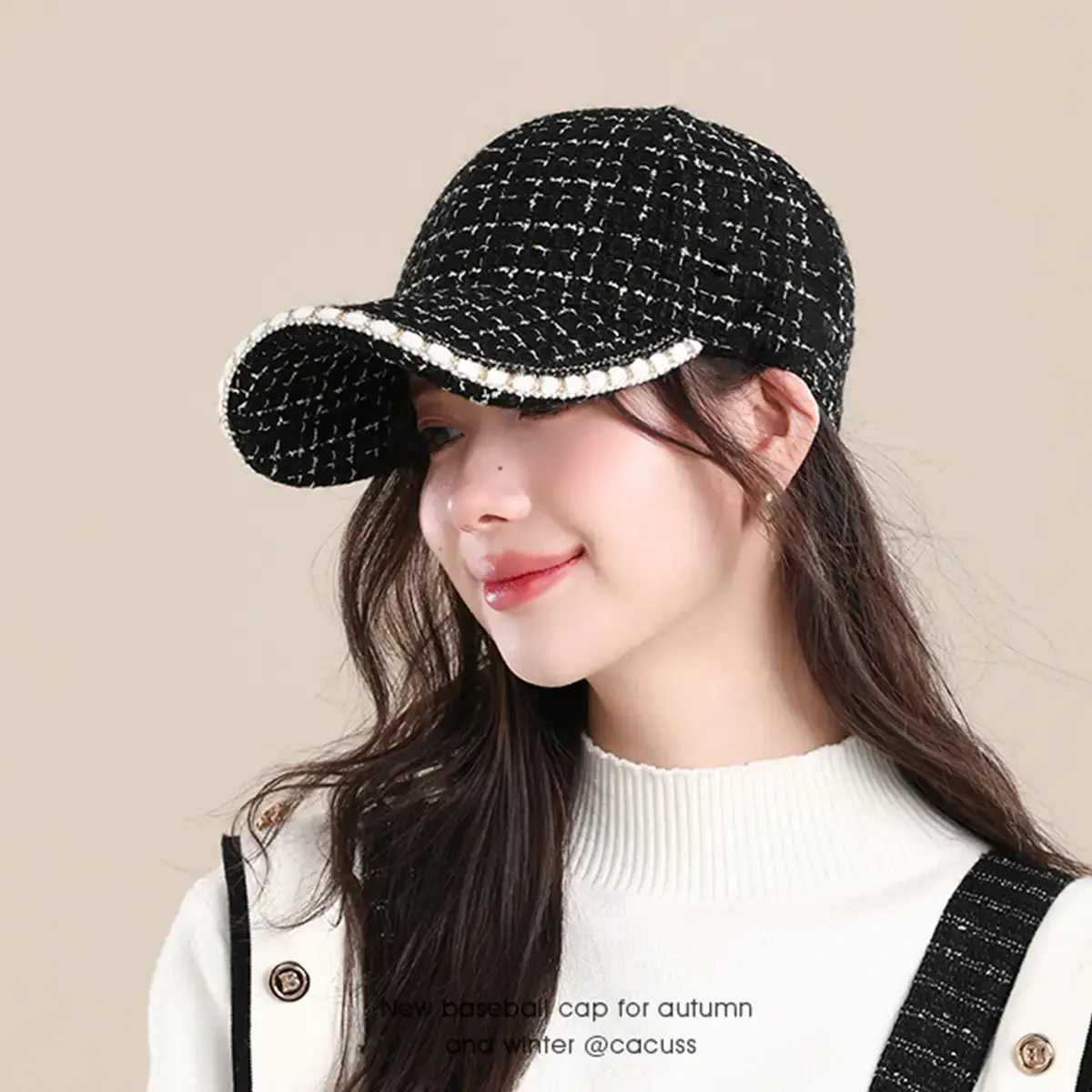 Women's Black Tweed Baseball Cap with Pearl Trim - Image 3