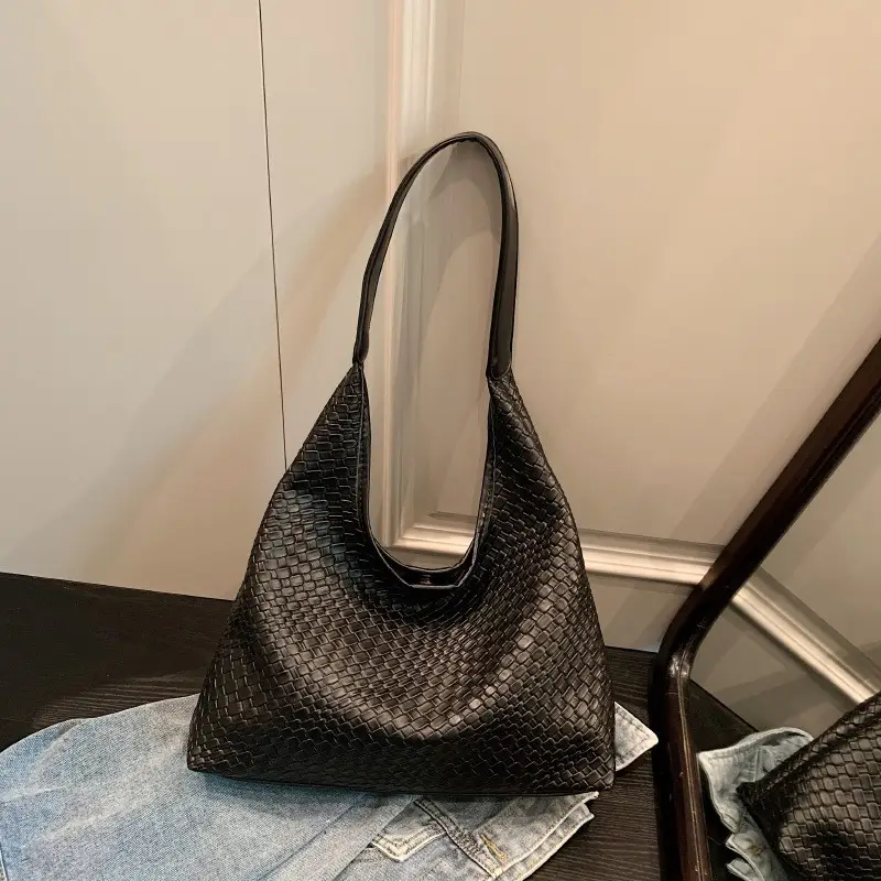 Black Embossed Leather Shoulder Bag for Women