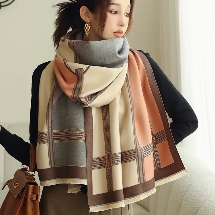 Women's Jacquard Shawl Beige Brown Cream Winter Warmth - Image 6