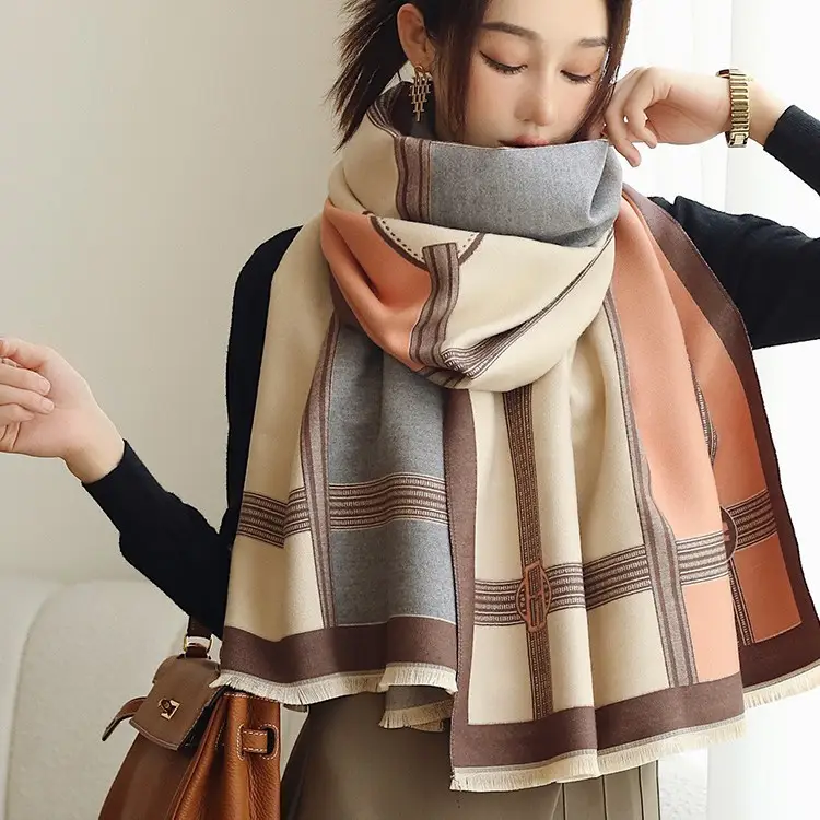 Women's Jacquard Shawl Beige Brown Cream Winter Warmth - Image 7