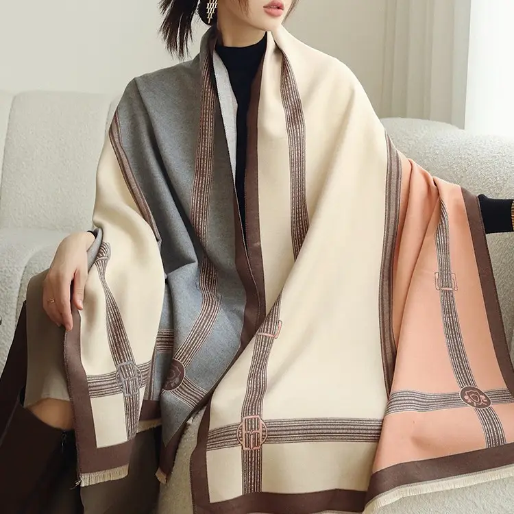 Women's Jacquard Shawl Beige Brown Cream Winter Warmth - Image 8