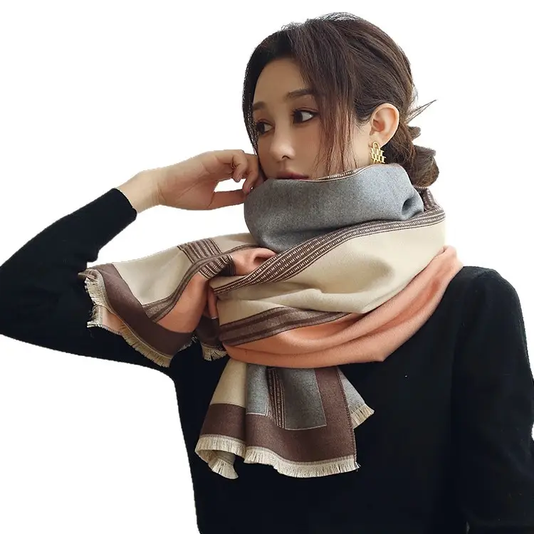 Women's Jacquard Shawl Beige Brown Cream Winter Warmth - Image 9