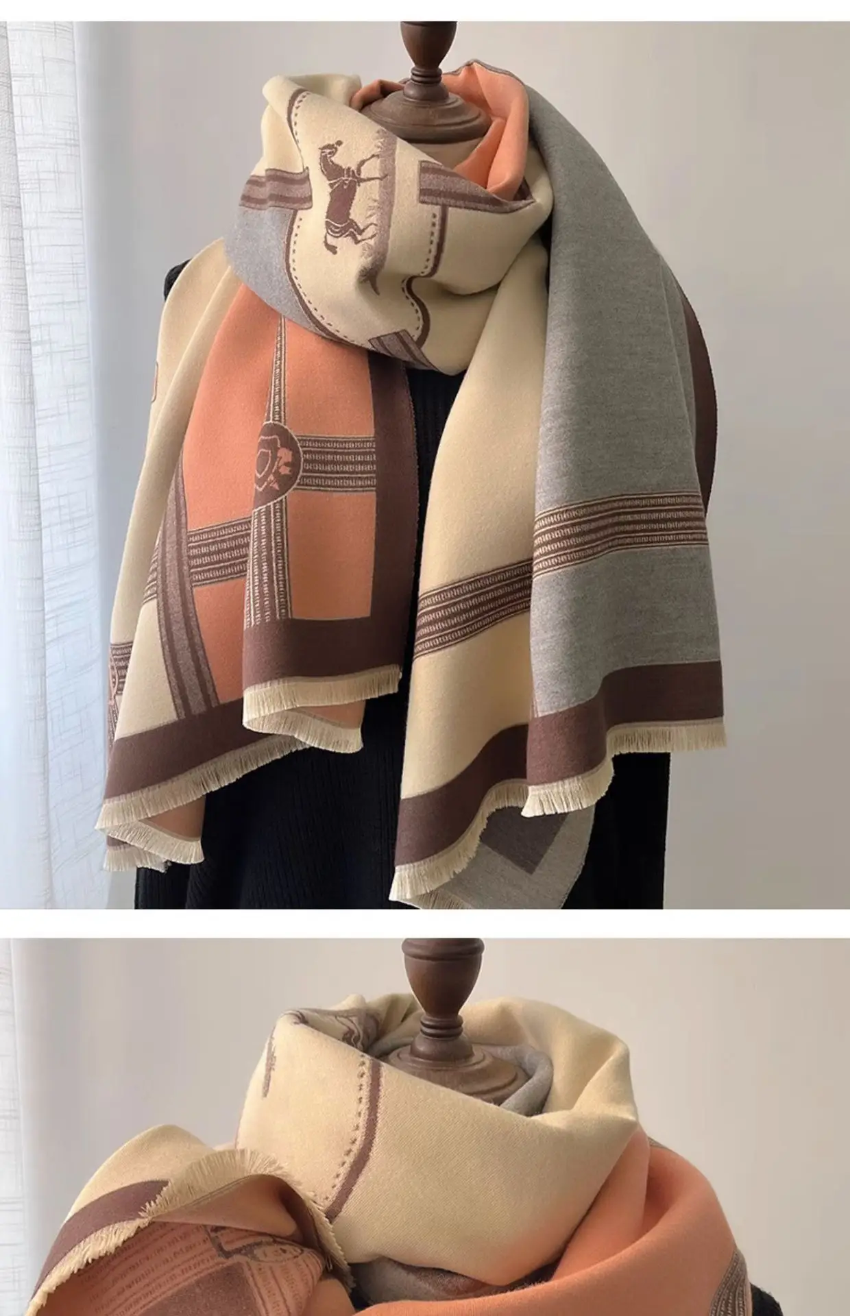Women's Jacquard Shawl Beige Brown Cream Winter Warmth — feature 13