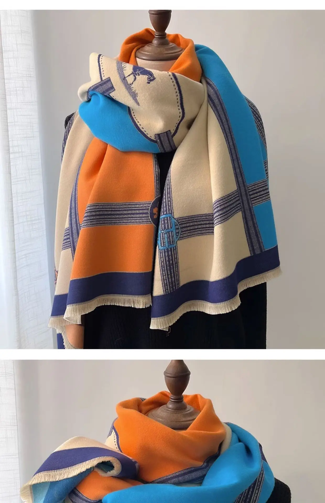 Women's Jacquard Shawl Beige Brown Cream Winter Warmth — feature 17