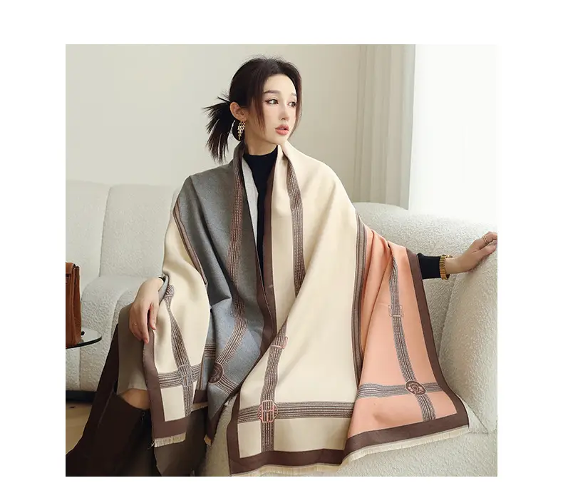 Women's Jacquard Shawl Beige Brown Cream Winter Warmth — feature 4