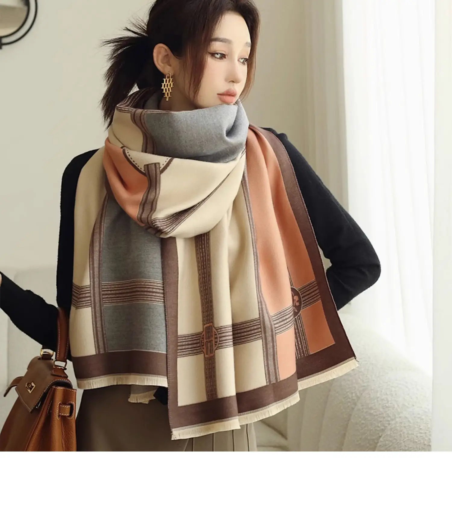 Women's Jacquard Shawl Beige Brown Cream Winter Warmth — feature 7