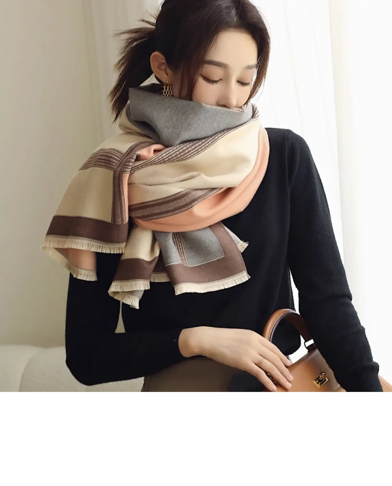 Women's Jacquard Shawl Beige Brown Cream Winter Warmth — feature 8