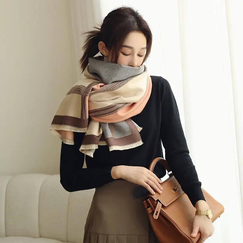 Women's Jacquard Shawl Beige Brown Cream Winter Warmth — feature 9