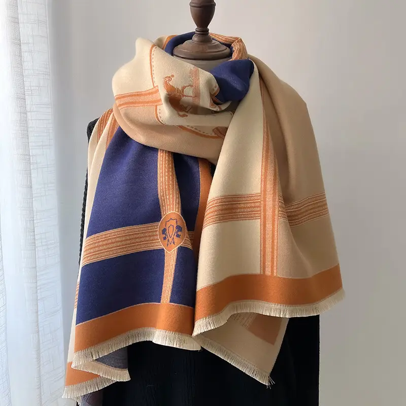 Women's Jacquard Shawl Beige Brown Cream Winter Warmth - Image 2