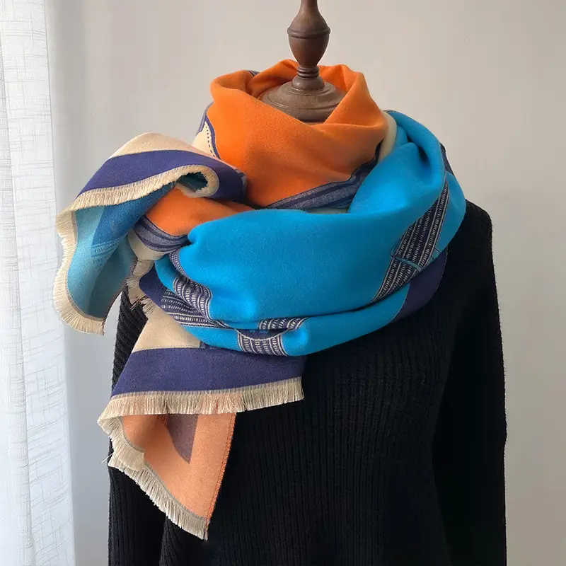 Women's Jacquard Shawl Beige Brown Cream Winter Warmth - Image 3
