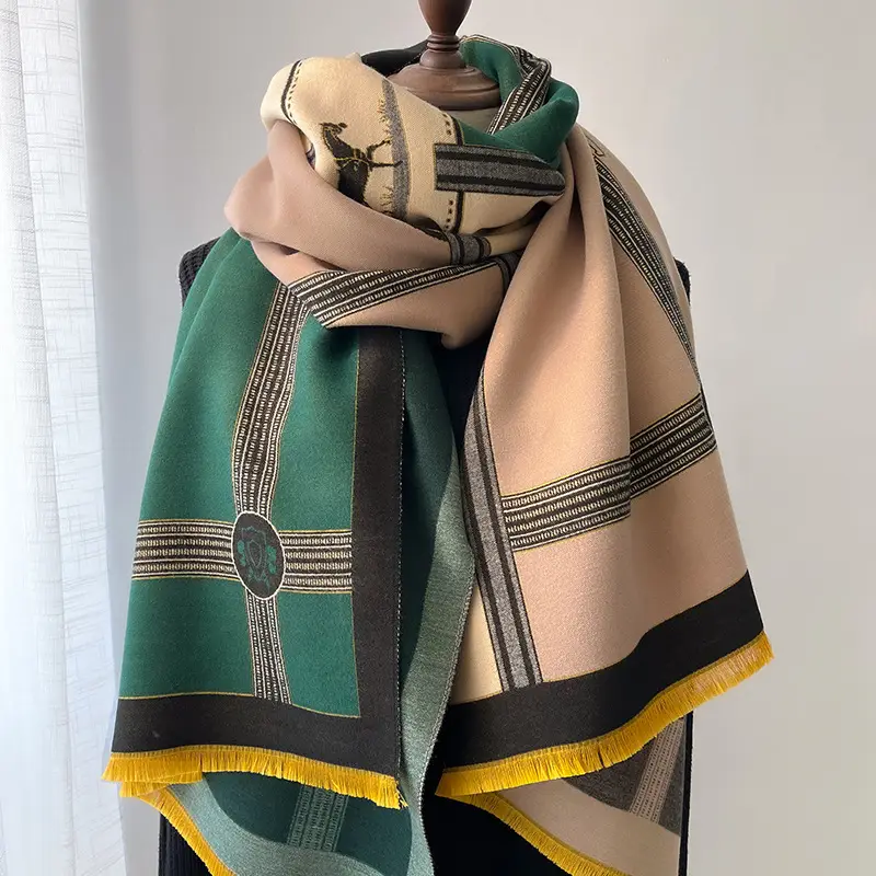Women's Jacquard Shawl Beige Brown Cream Winter Warmth - Image 4