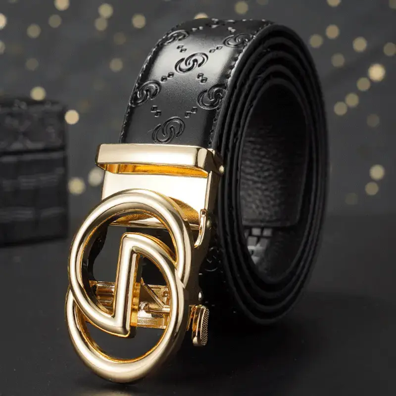 Black Leather Belt with Gold Buckle for Men