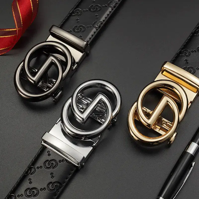 Black Leather Belt with Gold Buckle for Men