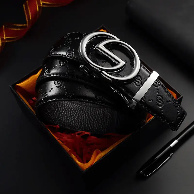 Black Leather Belt with Gold Buckle for Men