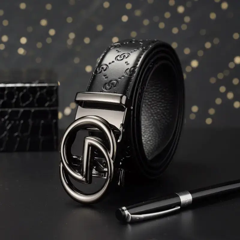 Black Leather Belt with Gold Buckle for Men