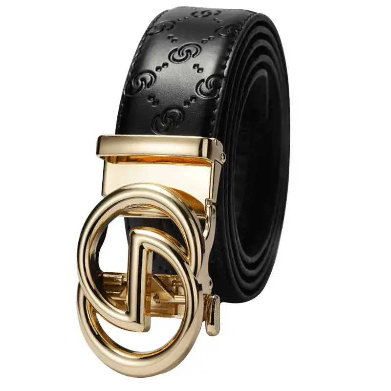 Black Leather Belt with Gold Buckle for Men