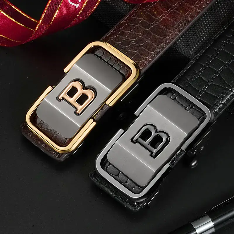 Men's Brown Crocodile Leather Belt with Gold Buckle