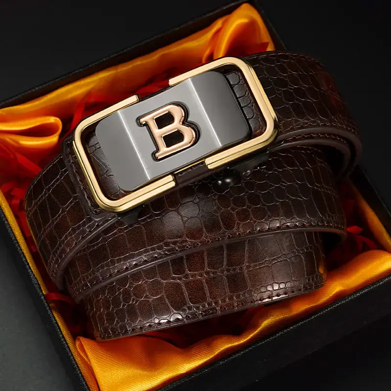 Men's Brown Crocodile Leather Belt with Gold Buckle