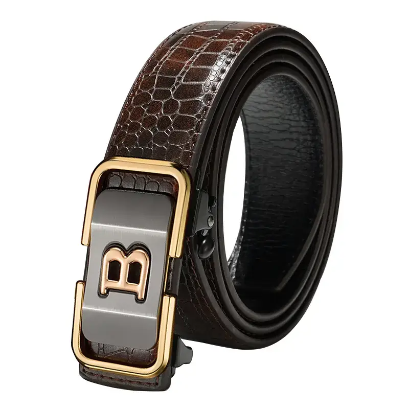 Men's Brown Crocodile Leather Belt with Gold Buckle
