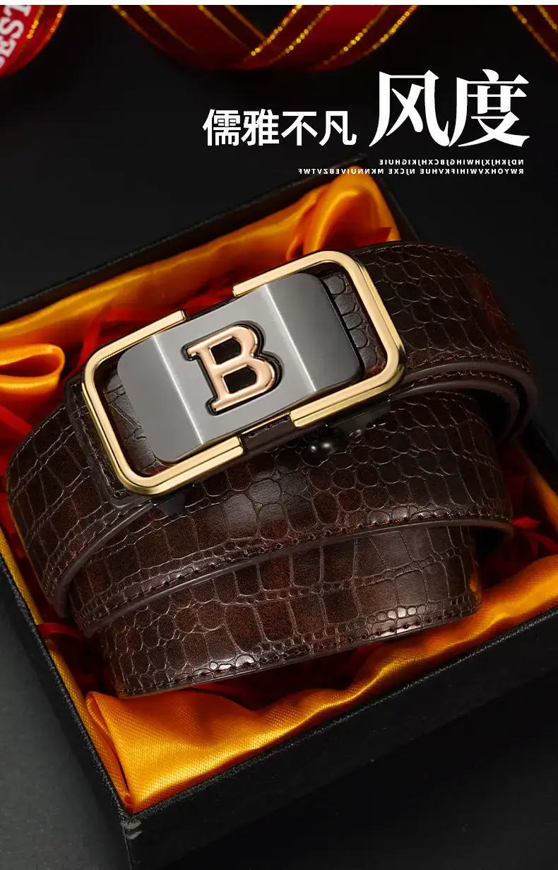 Men's Brown Crocodile Leather Belt with Gold Buckle — feature 5