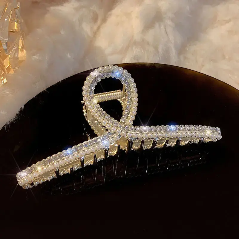 Large Cross metal gripper-xx Pearl + Rhinestone