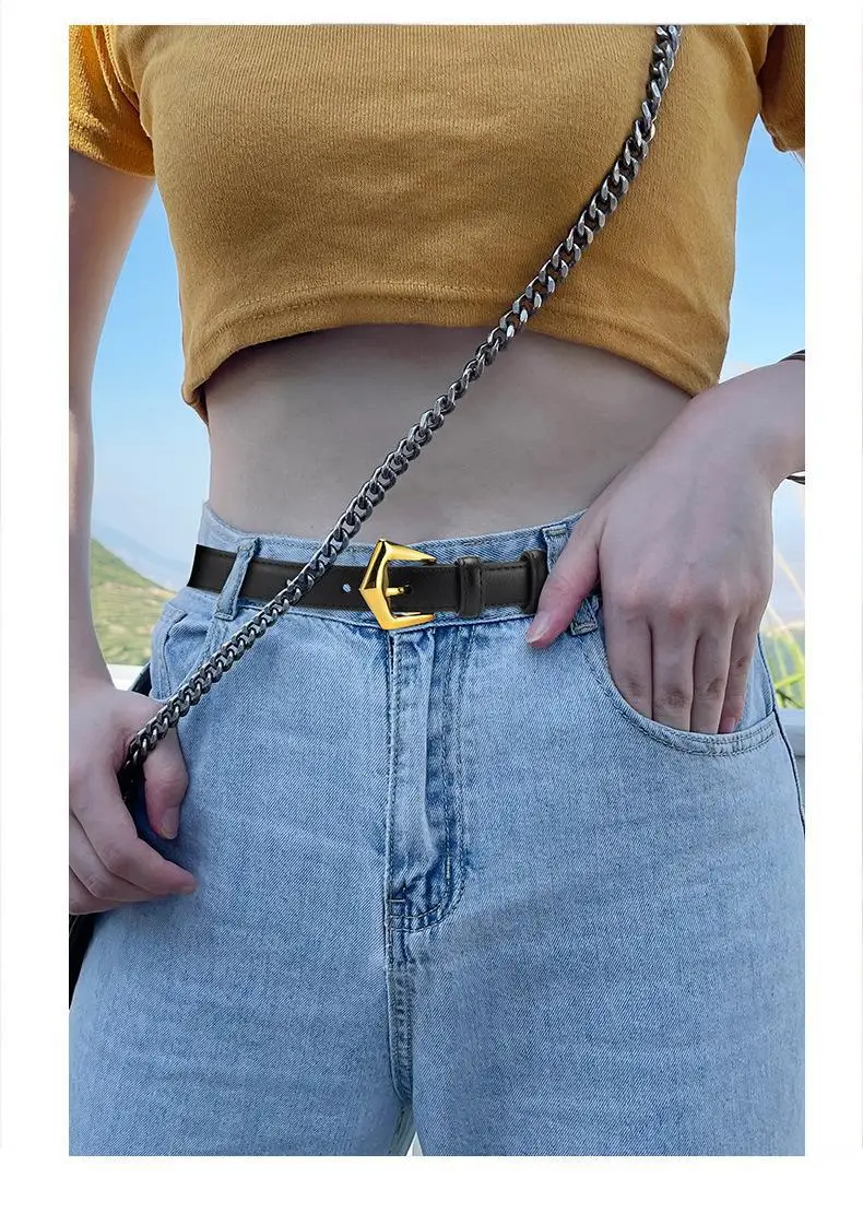 Women's Cowhide Leather Belt with Gold Buckle — feature 3