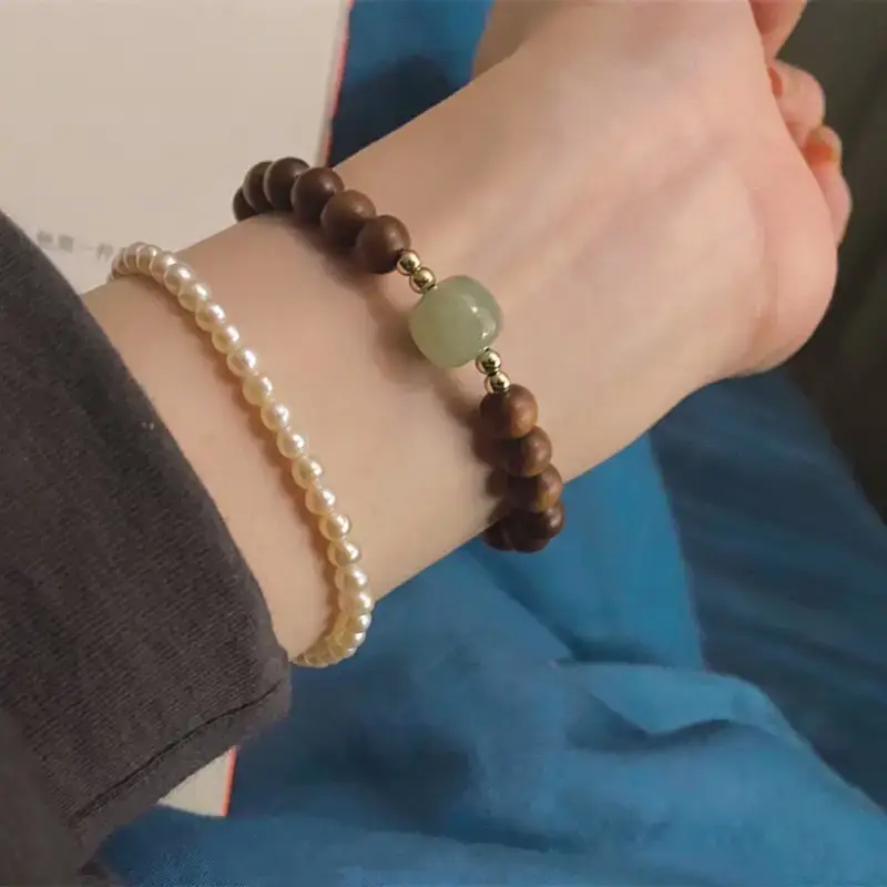 Women's Old Sandalwood & Hetian Jade Single Bracelet - Image 2