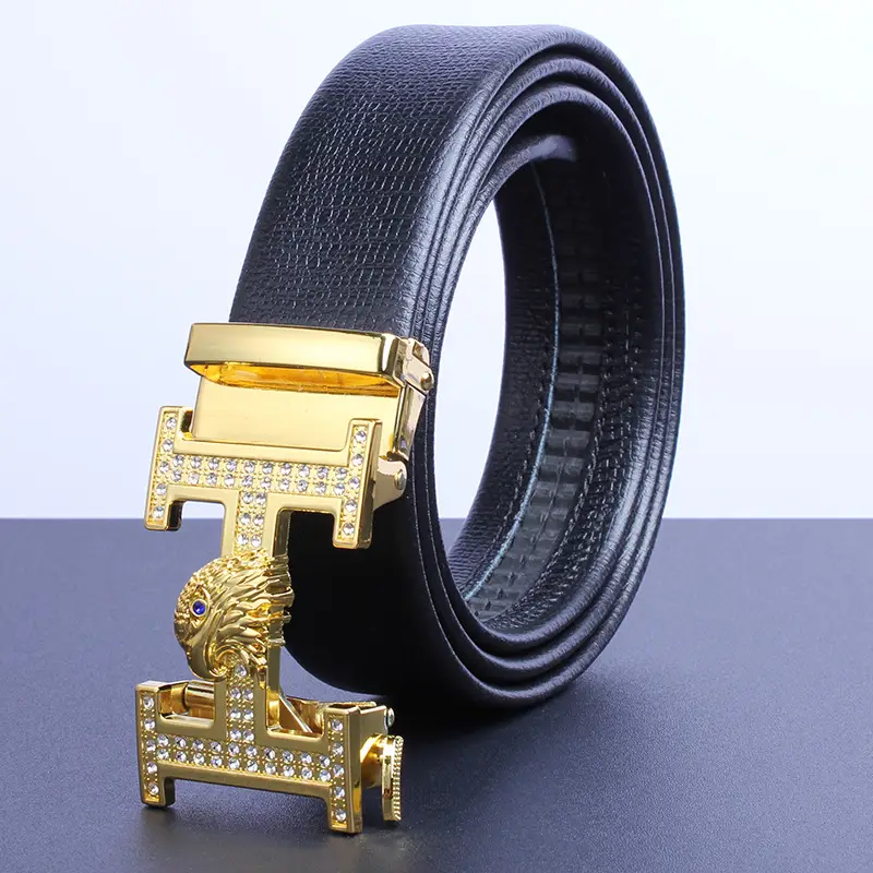 Men's Gold Plated Automatic Buckle Belt with Embroidered Design - Image 5