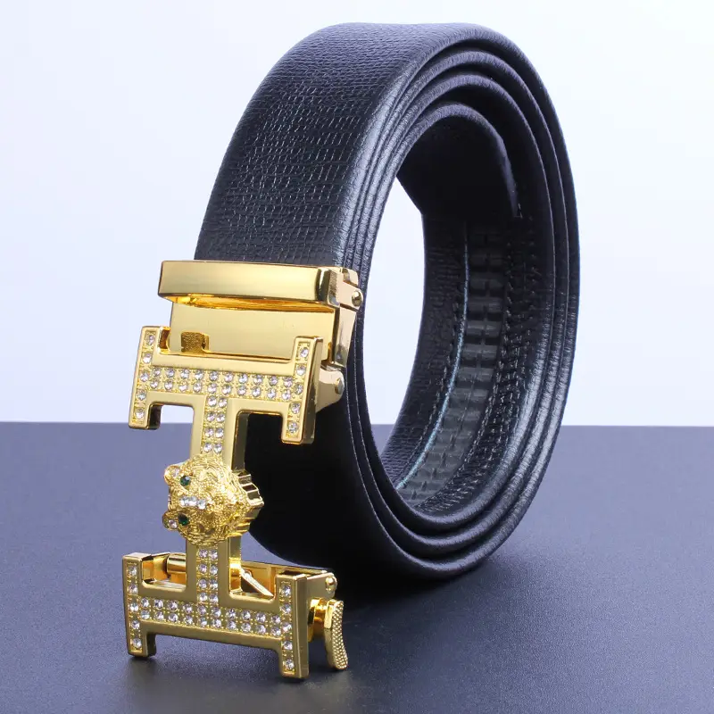 Men's Gold Plated Automatic Buckle Belt with Embroidered Design - Image 2