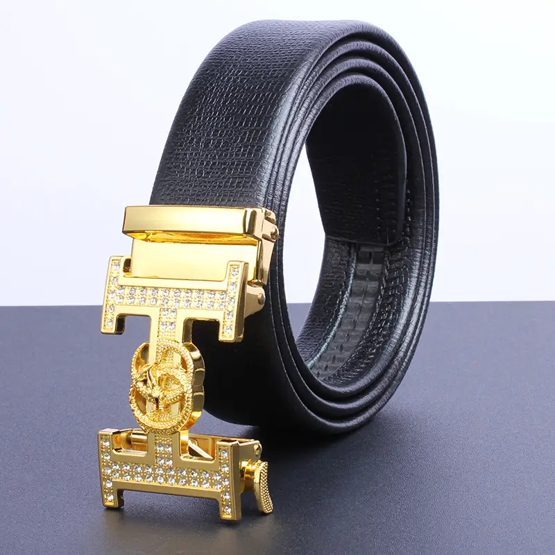 Men's Gold Plated Automatic Buckle Belt with Embroidered Design - Image 3