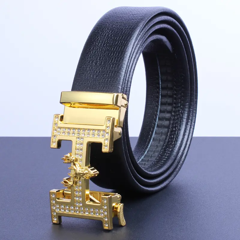 Men's Gold Plated Automatic Buckle Belt with Embroidered Design - Image 4