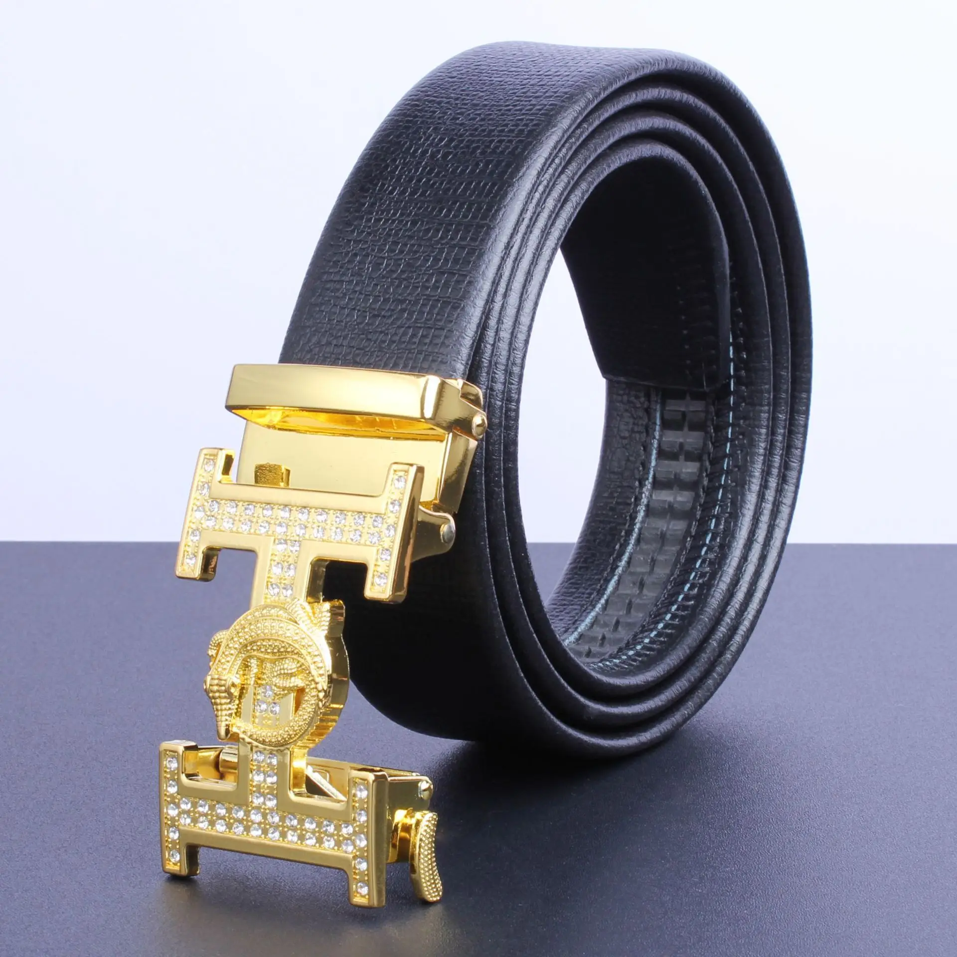 Men's Gold Plated Automatic Buckle Belt with Embroidered Design - Image 6